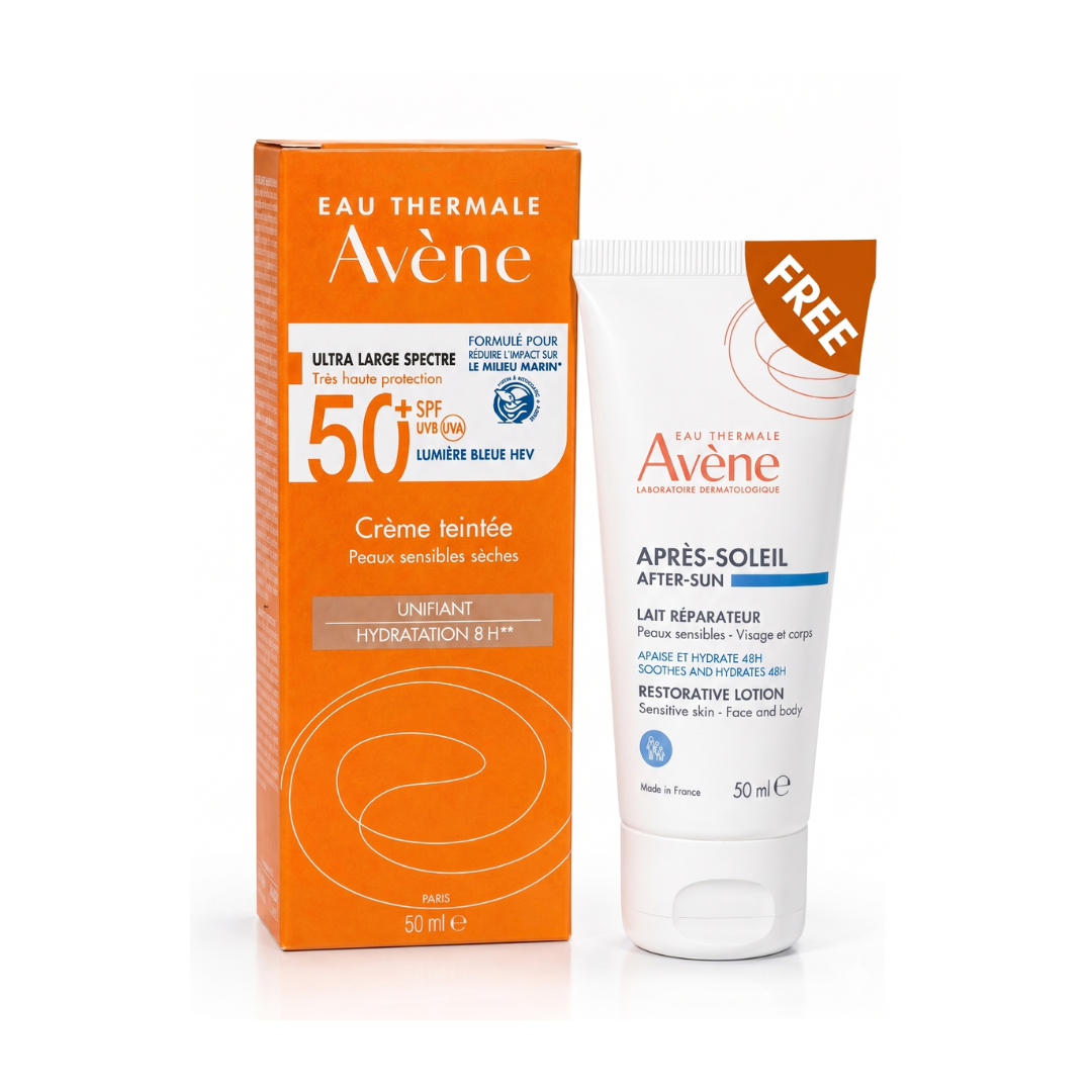 Avène Sunscreen SPF50+ Tinted Cream + After-sun Repair Lotion Free