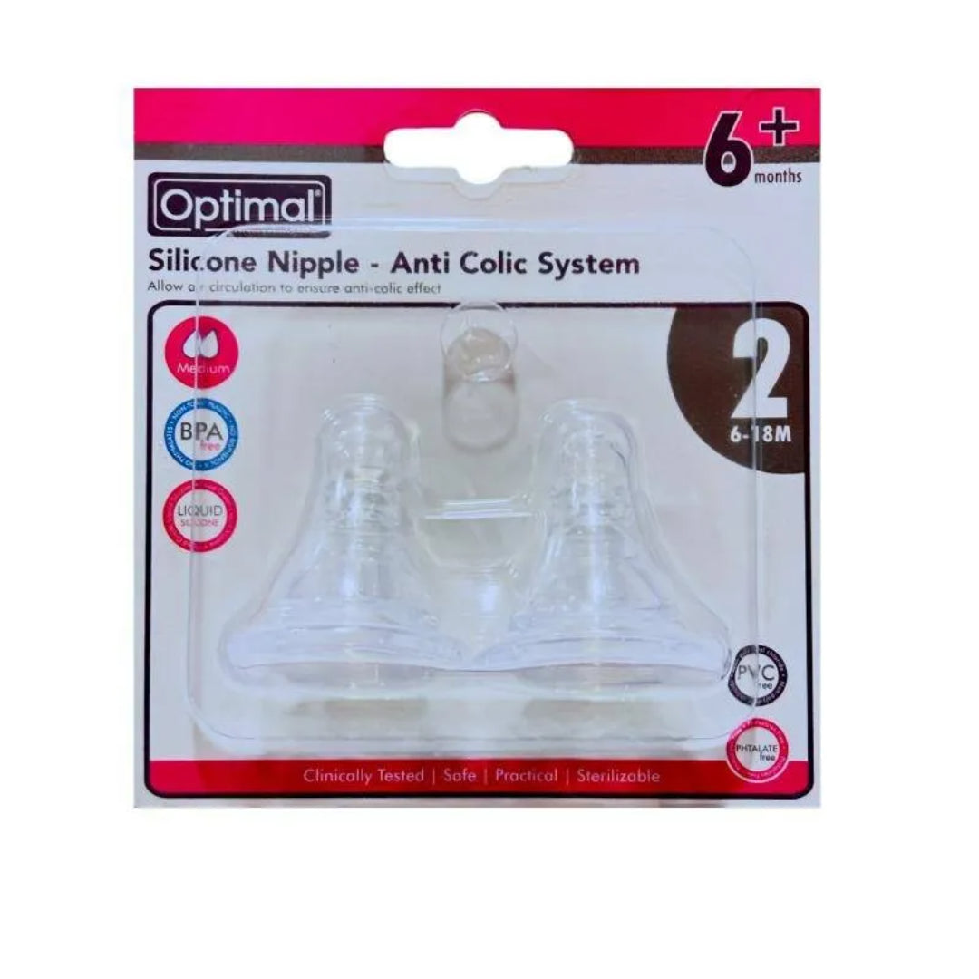 Optimal 2-Piece Narrow Neck Silicone Nipple, 6+ Months, Anti-Colic