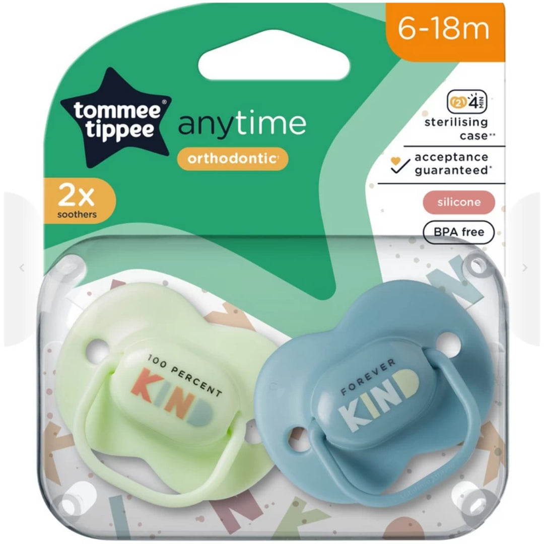 Tommee Tippee Anytime Soother 6-18 Months, 2-Pack Orthodontic Silicone Pacifiers