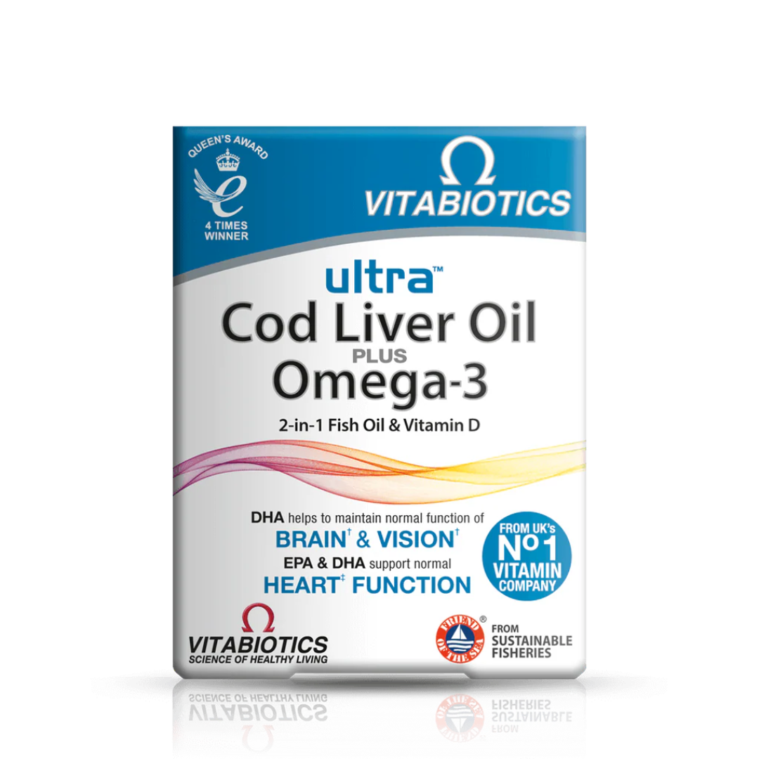Vitabiotics Ultra Cod Liver Oil Plus Omega-3 60 Capsules Heart And Bra ...