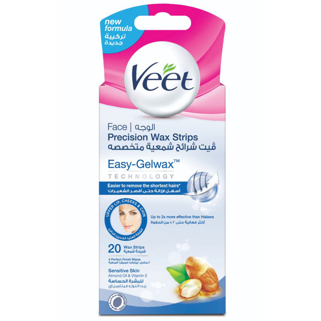 Veet Face Wax Strips For Sensitive Skin, 20 Strips, Easy-Gelwax, Shea Butter