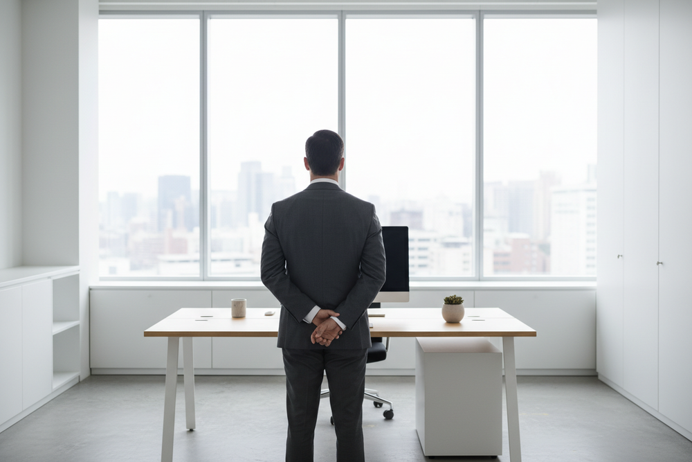 generate an image for a man but without showing him maybe show his back in a office