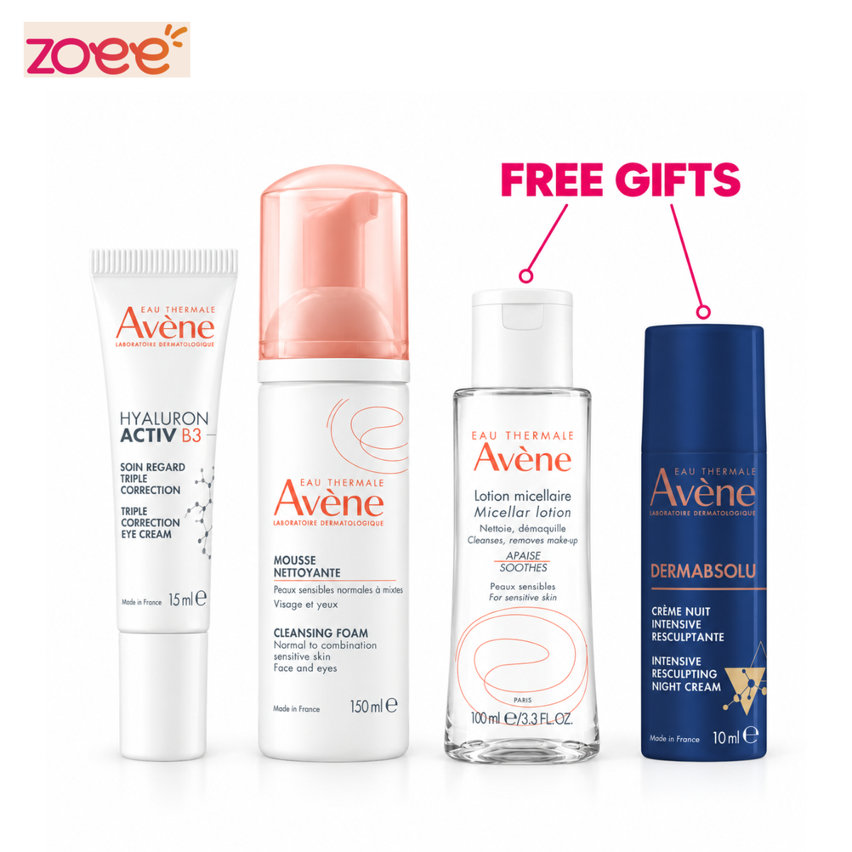 Avène Cleansing Foam 150ml + Hyaluron Activ B3 Eye Cream 15ml + Micellar 100ml & DermAbsolu Night 10ml Free